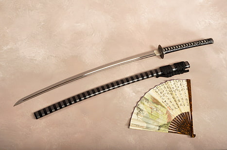 black tsuka katana sword with sheath, sword, katana, fan, sheath, HD wallpaper HD wallpaper