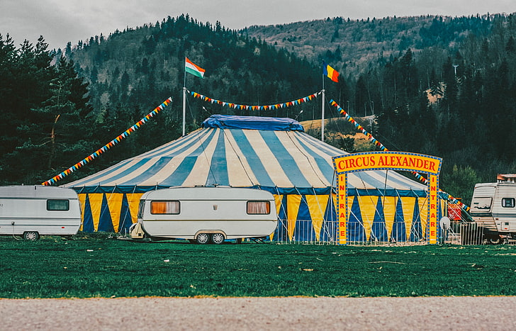 white camper trailer, marquee, circus, entertainment, HD wallpaper