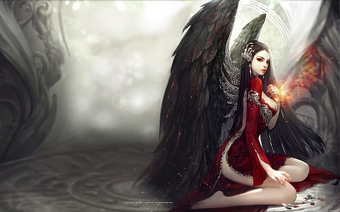 anjo caído, asas escuras, vestido vermelho, olhos vermelhos, jogos, HD papel de parede HD wallpaper