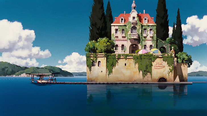 ピンク、茶色、赤の建物イラスト、アニメ、スタジオジブリ、風景、家、水、城、大邸宅、海、ボート、島、ポルコロッソ、 HDデスクトップの壁紙