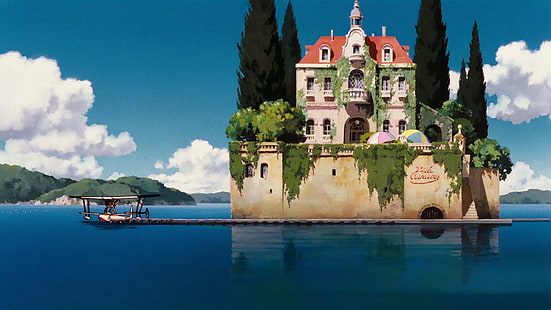 ilustração de construção rosa, marrom e vermelho, anime, Studio Ghibli, paisagem, casa, água, castelo, mansões, mar, barco, ilha, Porco Rosso, HD papel de parede HD wallpaper