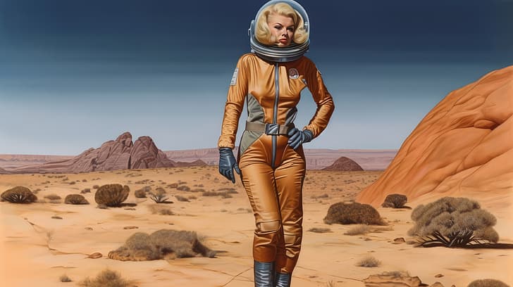 AI art, retro science fiction, women, spacesuit, desert, science fiction, illustration, HD wallpaper
