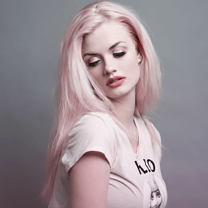 frauen, rosa lippenstift, blond, frauen drinnen, weiße spitzen, eyeliner, model, HD-Hintergrundbild
