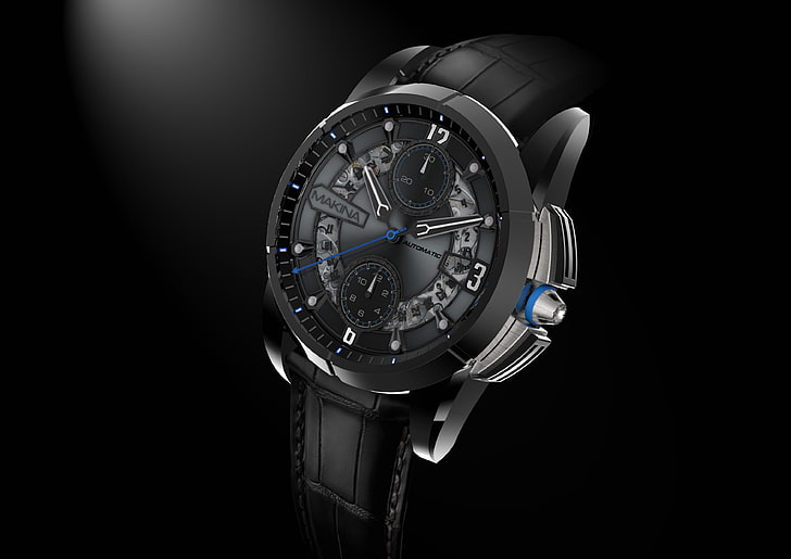 black chronograph watch, makina, wristwatch, dial, HD wallpaper