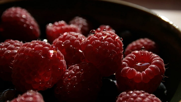 bunch of red raspberry, raspberry, berry, bowl, sweet, ripe, HD wallpaper