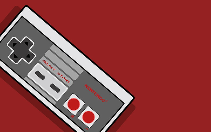 illustrazione di controller di gioco Nintendo grigio e bianco, Nintendo, videogiochi, console, vintage, sfondo rosso, controller, giochi retrò, Sfondo HD