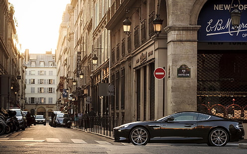 black coupe, mobil, kota, jalan, jalan, Aston Martin, Aston Martin Vanquish, gedung, Wallpaper HD HD wallpaper