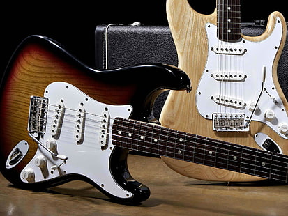 Fender Stratocaster Gitar, iki kahverengi ve siyah elektro gitar, Müzik, gitar, HD masaüstü duvar kağıdı HD wallpaper