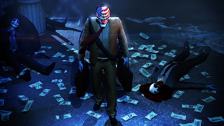 postać trzymająca teczkę ilustracja, pieniądze, maska, napad, Payday 2, Overkill Software, Tapety HD