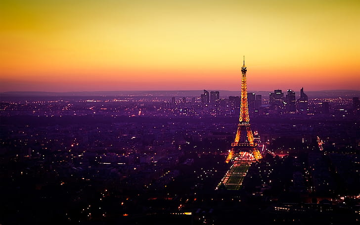 Nightfall In Paris, canon, canoneos500d, city, citylights, cityscape, eiffeltower, france, landmarks, montparnassetower, parisfrance, photography, purple, skyline, sunset, urban, yellow, HD wallpaper