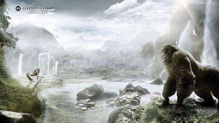 иллюстрация горилл с серебряной спинкой, обезьяна, пейзаж, обои, гориллы, цифровое искусство, харамбе, кинг-конг, HD обои