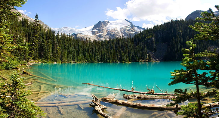 เนื้อน้ำบริติชโคลัมเบียแคนาดาทะเลสาบป่าภูเขาสีฟ้าครามน้ำยอดเขาที่เต็มไปด้วยหิมะธรรมชาติภูมิทัศน์, วอลล์เปเปอร์ HD