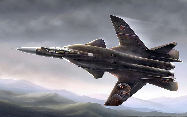 коричнево-серый самолет-истребитель цифровые обои, истребитель, су-47 беркут, самолет реактивный, HD обои