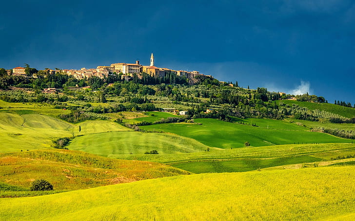 Pienza, Tuscany, Italy, fields, trees, houses, green, Pienza, Tuscany, Italy, Fields, Trees, Houses, Green, HD wallpaper