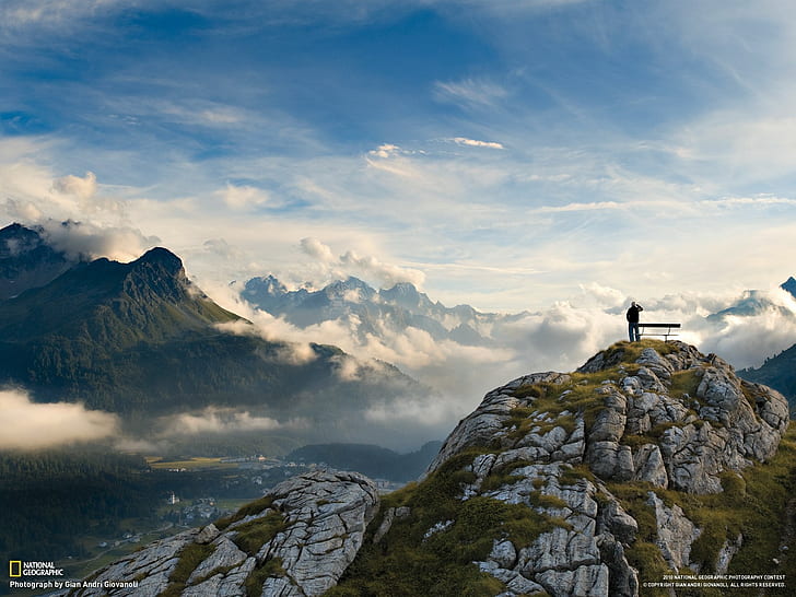 National Geographic, panchina, nuvole, montagne, Italia, paesaggio, natura, cielo, Alpi, 2010 (Anno), Sfondo HD