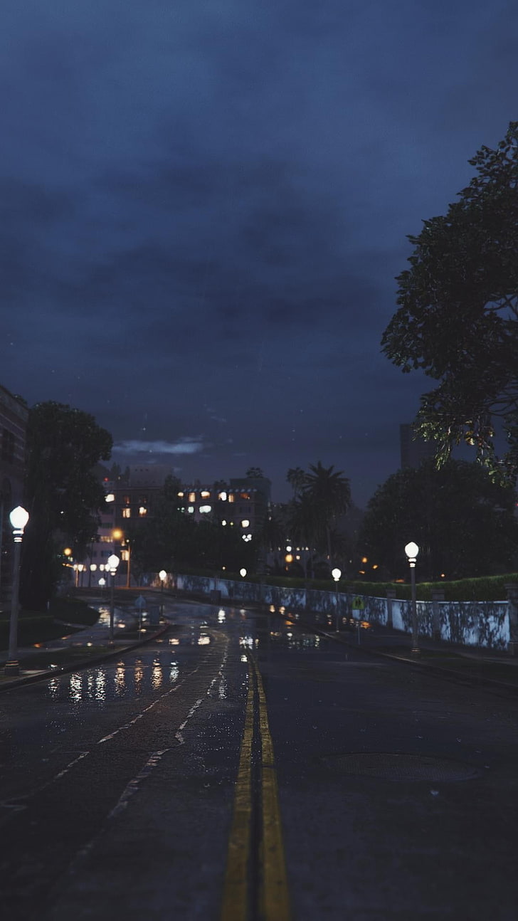 rain, road, lights, night sky, night, city, HD wallpaper