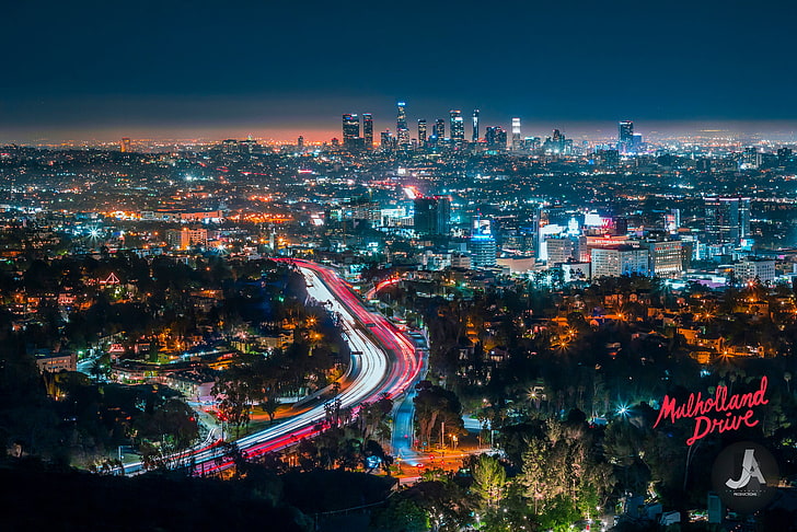 замедленная съемка города, фотография, городской пейзаж, световые трассы, огни города, Лос-Анджелес, горизонт, HD обои