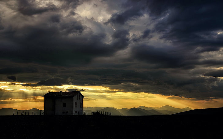 white and orange concrete house, landscape, house, mountains, sky, clouds, HD wallpaper