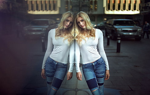 kvinnor, urban, blond, glas, trasiga jeans, reflektion, jeans, porträtt, HD tapet HD wallpaper