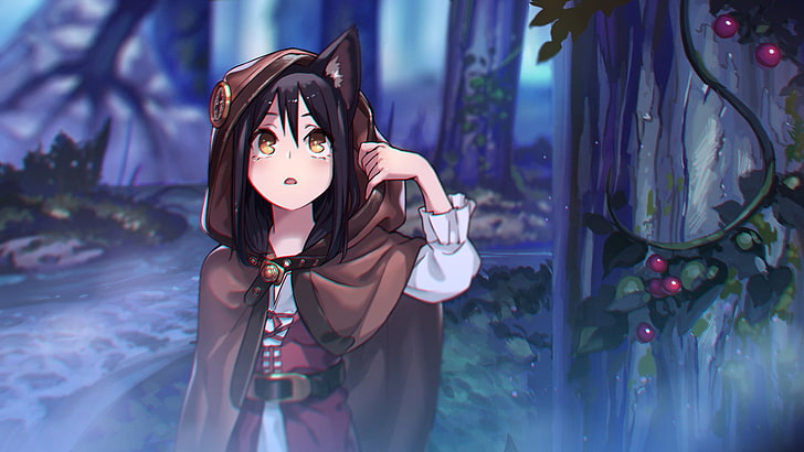gadis anime, rambut panjang, telinga hewan, rambut gelap, karakter asli, 3D, Wallpaper HD