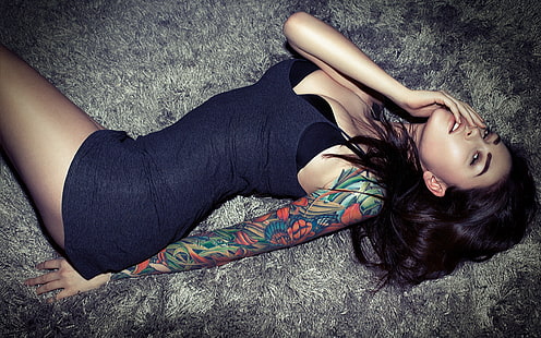 beauty, girl, lying, tatoo, woman, HD wallpaper HD wallpaper