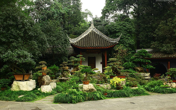Jardín casero japonés, árboles, casa japonesa, bonsai, verdes, hermosos, frontyard, flores, 3d y abstracto, Fondo de pantalla HD