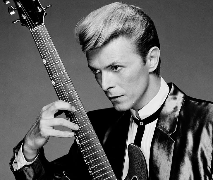 David Bowie, musician, monochrome, guitar, suits, HD wallpaper