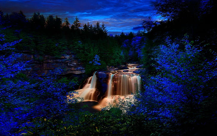 Фантастичен водопад, цветни, дървета, синьо, зелено, нощ, водопад, 3d и абстрактно, HD тапет
