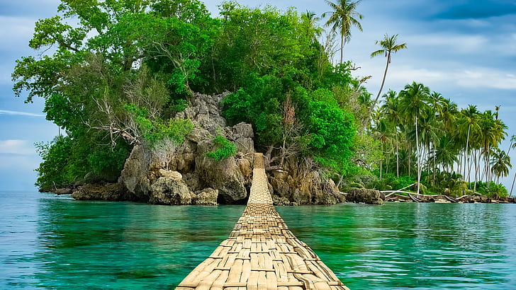 água, natureza, paisagem, ponte, árvores, ilha, rochas, pedestre, ondulações de água, ilha deserta, Indonésia, Oceano Índico, HD papel de parede