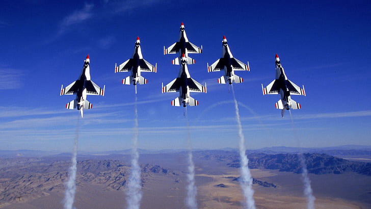 Los Thunderbirds F-16, seis aviones jet blancos, 1920 x 1080, los thunderbirds, nevada, nellis afb, 1080i, fuerza aérea de los EE. UU., Escuadrón de demostración, Fondo de pantalla HD