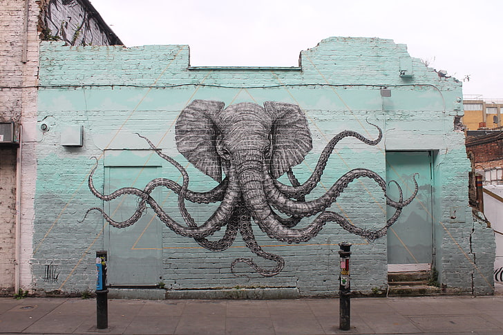 слон стенопис, животни, произведения на изкуството, стена, слон, октопод, графити, улица, Лондон, Великобритания, кросоувър, пипала, тухли, фотография, HD тапет