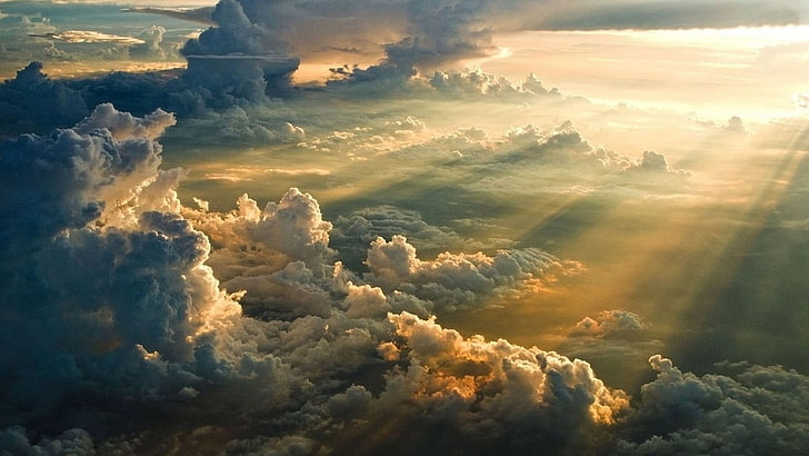 cumulus clouds, mist, nature, landscape, clouds, sun rays, sunset, sunlight, aerial view, Divinity, HD wallpaper