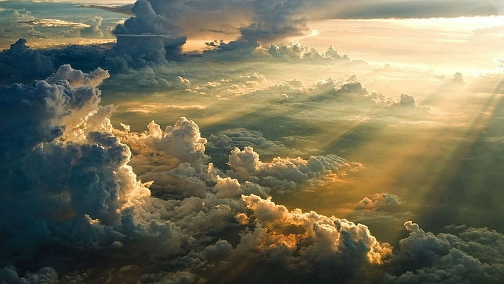 sun rays, clouds, sunlight, sunset, aerial view, mist, landscape, nature, Divinity, HD wallpaper