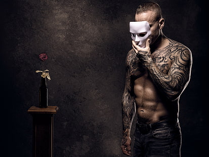 Uomini, modello, uomo, maschera, tatuaggio, Sfondo HD HD wallpaper
