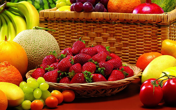 Плодове, банани, ягоди, грозде, портокали, кошница, храна, плодове, банани, ягоди, грозде, портокали, кошница, HD тапет