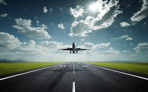white plane, airplane, runway, HD wallpaper HD wallpaper