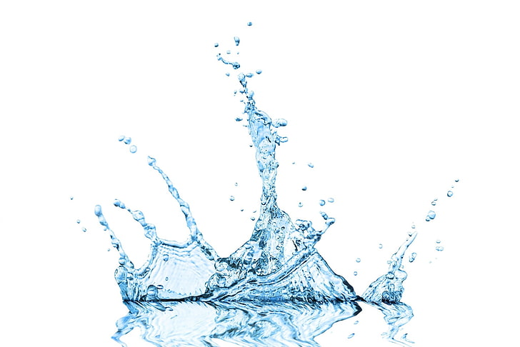 брызги воды, минимализм, белый фон, вода, капли воды, брызги, отражение, синий, HD обои