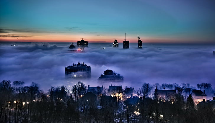 aerial photography of city covered in fog, Submerged, aerial photography, city, covered, Montreal  Canada, Quebec, Downtown, Mont-royal, Fog, Brouillard, Sunrise, 35mm, Canon 5D MK II, EOS 5D, DSLR, Skyline, Skyscraper, HDR, Exposure, night, dusk, sunset, sky, HD wallpaper