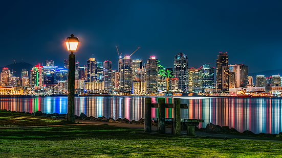 high-rise building near calm wave of sea during night time, city view, city view, City View, Bench, high-rise building, calm, wave, sea, night time, Downtown San Diego, SD, cityscape, reflection, night, city lights, dark, color, bench  rest, walking  path, grass, san diego bay, sony alpha, images, sony a7rii, HDR, 32-bit, urban Skyline, skyscraper, architecture, downtown District, famous Place, urban Scene, city, dusk, HD wallpaper HD wallpaper