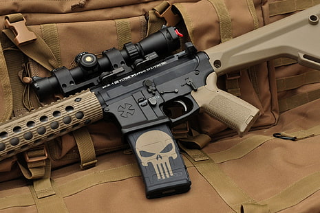ปืนไรเฟิลจู่โจมสีน้ำตาลและสีดำ, อาวุธ, หัวกะโหลก, เครื่องจักร, เลนส์, The Punisher, ปืนไรเฟิลจู่โจม, ลงโทษ, วอลล์เปเปอร์ HD HD wallpaper