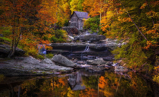 Parc, rivière, automne, moulin, babcock, Fond d'écran HD HD wallpaper