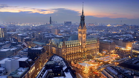 бетонна къща, празник, Германия, Коледа, панорама, Хамбург, пазар, кметство, HD тапет HD wallpaper