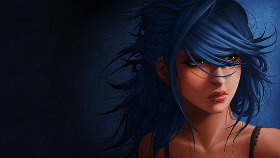 papel de parede anime de cabelos azuis, obra de arte, cabelo azul, olhos verdes, mulheres, piercing, arte digital, azul, menina fantasia, fundo azul, HD papel de parede HD wallpaper