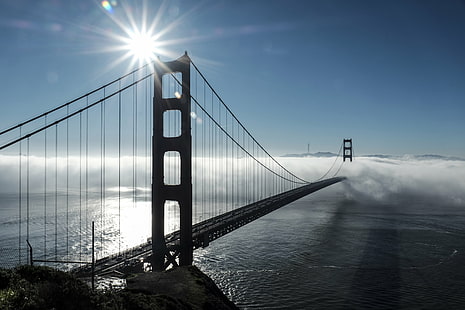 фотография серого бетонного моста, мост Золотые Ворота, известное место, мост - Рукотворное сооружение, подвесной мост, округ Сан-Франциско, Калифорния, США, море, архитектура, небо, Тихий океан, Сан-Франциско - Калифорния, нет людей, HD обои HD wallpaper