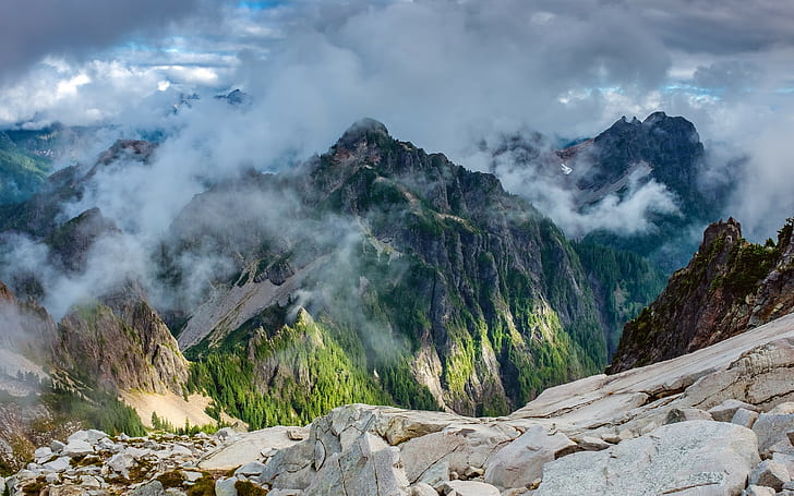 naturaleza, paisaje, montañas, nubes, bosque, cumbre, luz del día, estado de Washington, Fondo de pantalla HD
