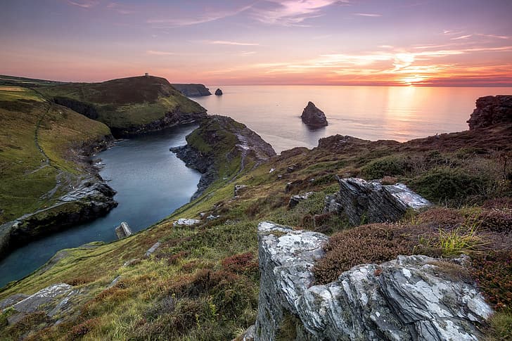 matahari terbenam, pantai, Inggris, Cornwall, Wallpaper HD