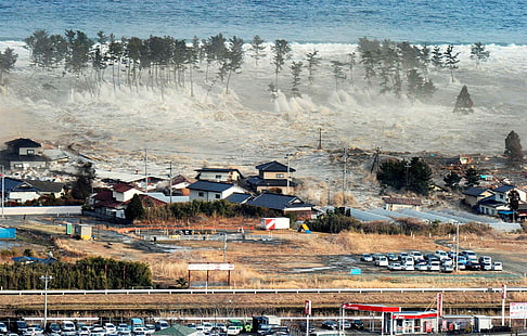 casas blancas y azules cerca del cuerpo de agua, Japón, terremotos, tsunamis, Fondo de pantalla HD HD wallpaper