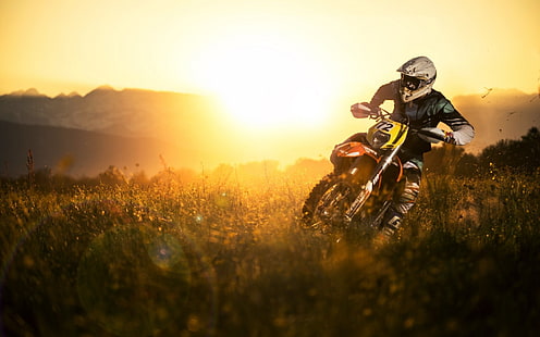 dirt bike arancione e giallo, motocross, veicolo, sport, Sfondo HD HD wallpaper