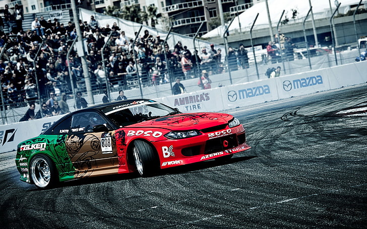 red and green coupe, skid, drift, Nissan, silvia, s15, formula drift, the competition, HD wallpaper