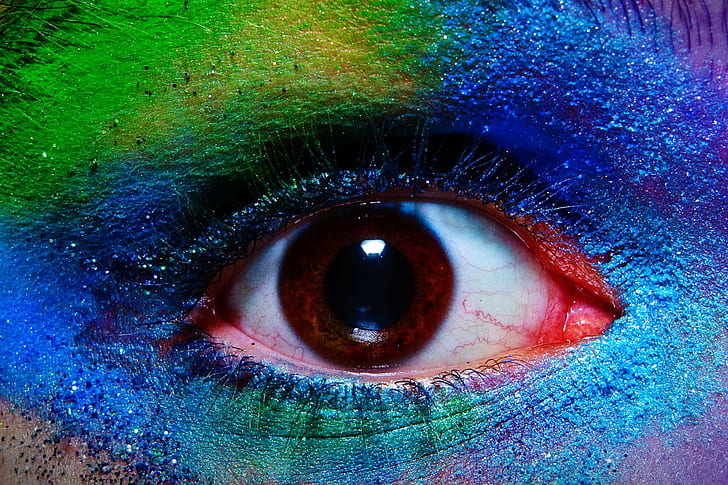 Nahaufnahmen des menschlichen Auges mit grünem und blauem Lidschatten, Nahaufnahmen, menschliches Auge, grün, blau, Lidschatten, Kunst, Schönheit, Farben, gefärbt, Farbe, gefärbt, Kreativität, Mode, Spaß, Makro, Schminke,bunt, leute, mensch, photoshop, макро, belka, yulia, mädchen, gesicht, freundin, rot, gelb, bunt, leuchtende farbe, nahaufnahme, hintergründe, farben, HD-Hintergrundbild